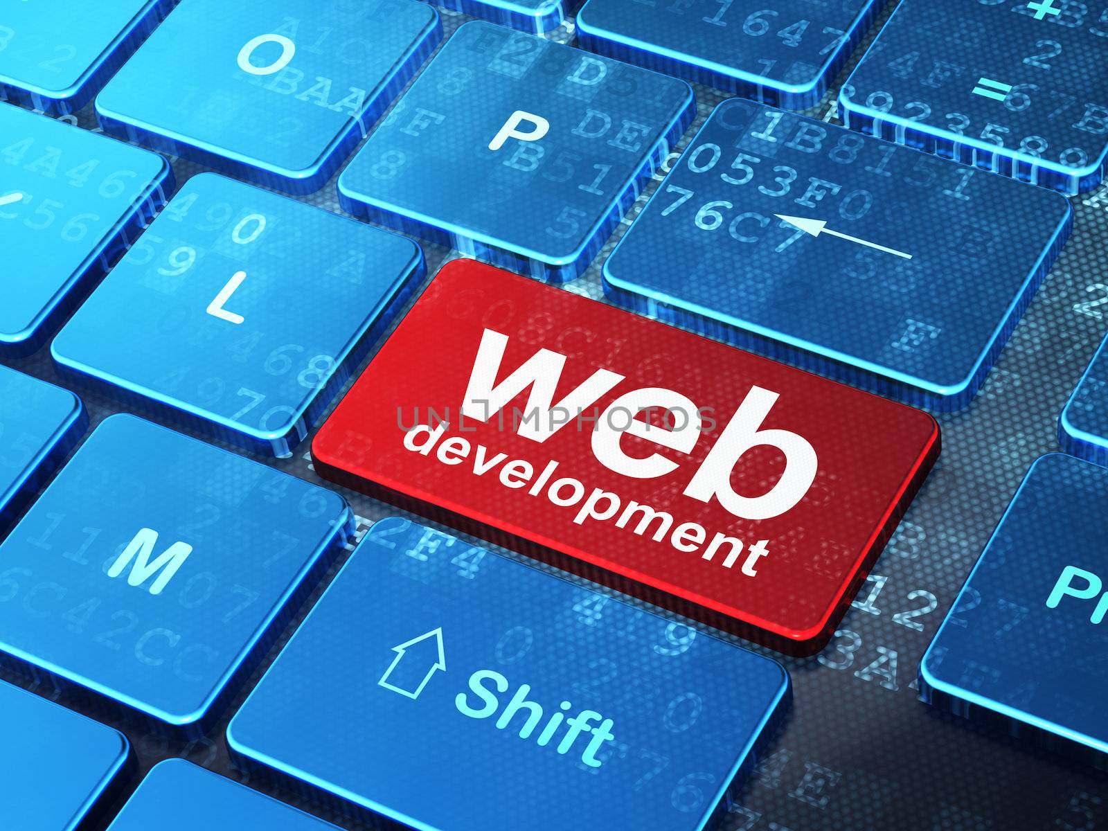 Web development concept: computer keyboard with word Web Development on enter button background, 3d render