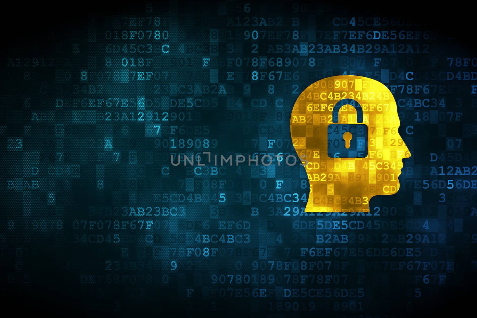 Business concept: pixelated Head Whis Padlock icon on digital background, empty copyspace for card, text, advertising, 3d render