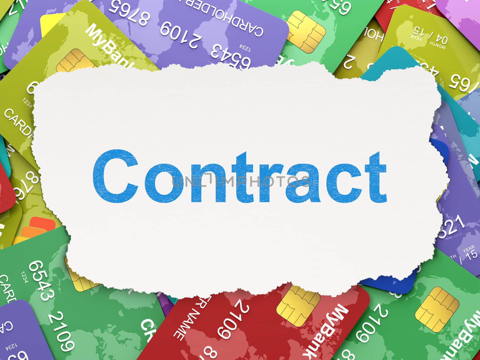 Business concept: torn paper with words Contract on Credit Card background, 3d render