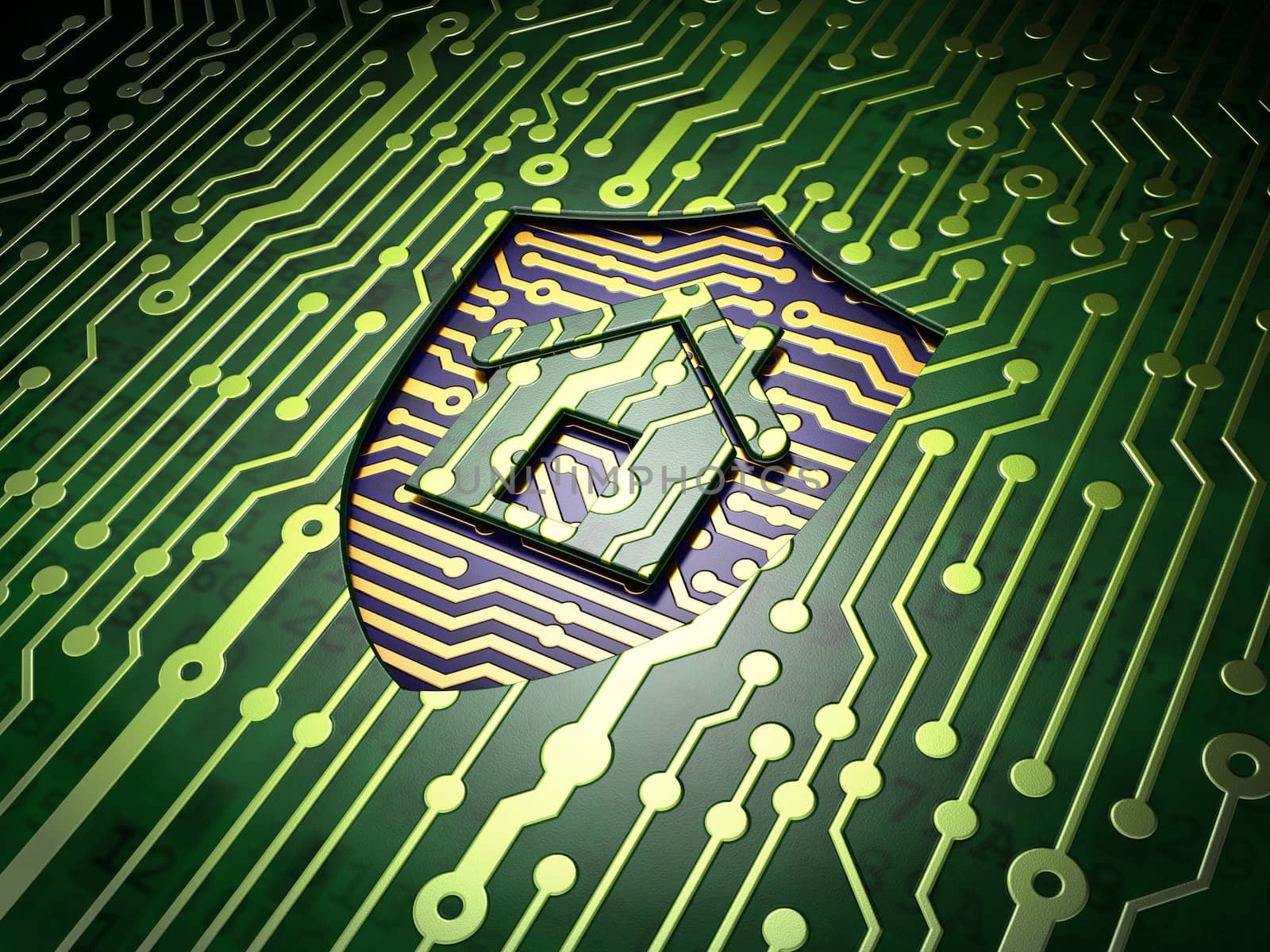 Safety concept: circuit board with Shield icon, 3d render