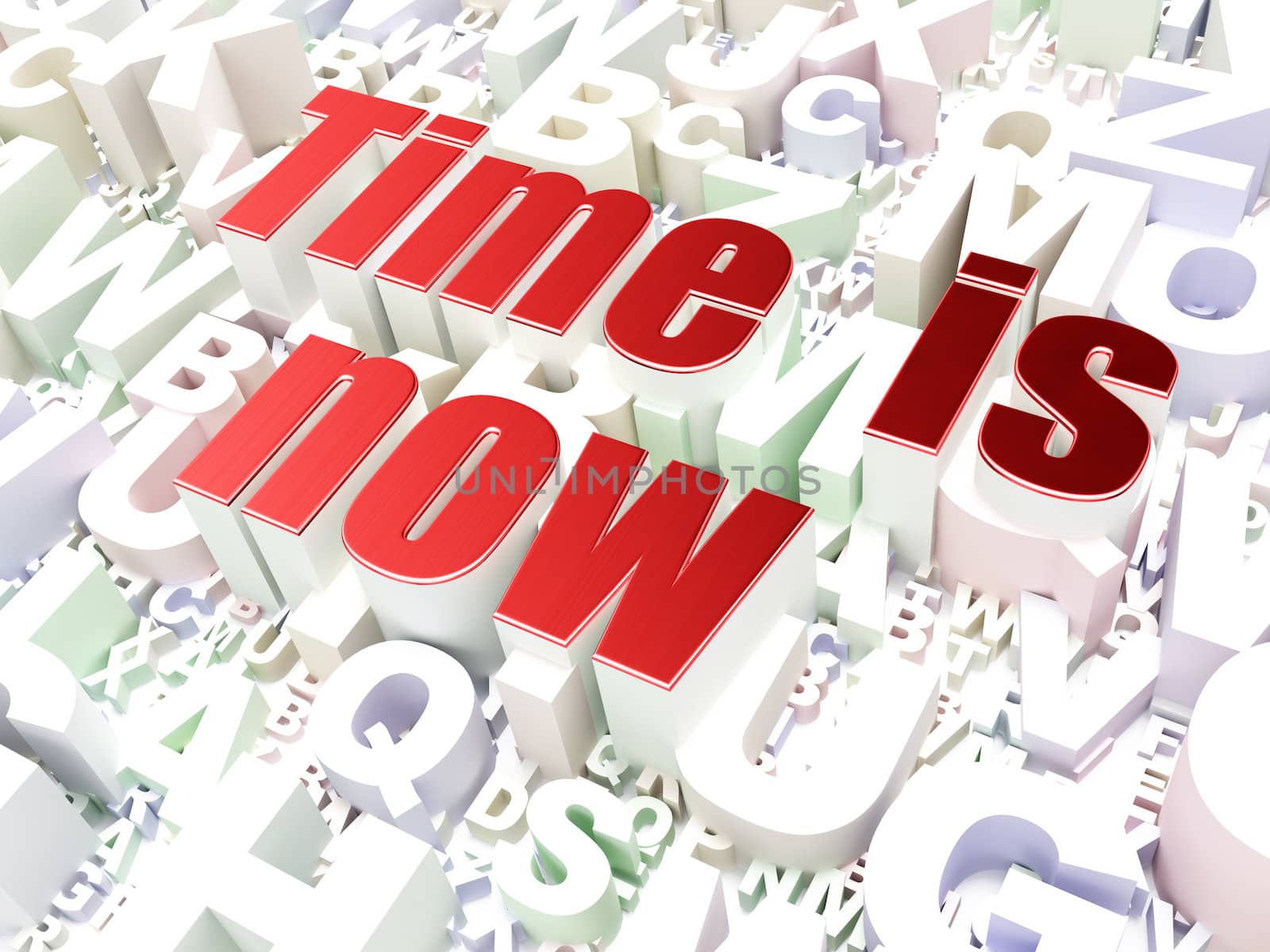 Timeline concept: Time is Now on alphabet  background, 3d render