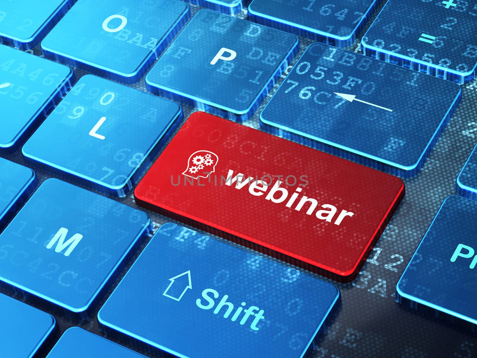 Education concept: computer keyboard with Head With Gears icon and word Webinar on enter button background, 3d render