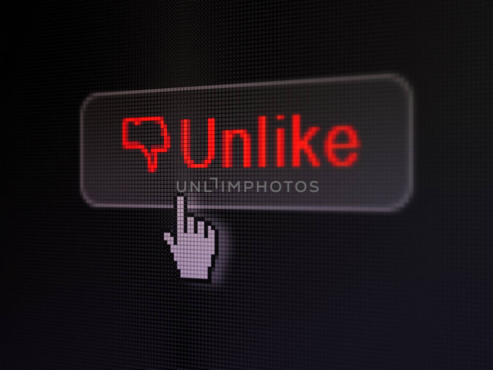 Social network concept: pixelated words Unlike and Unlike icon on button whis cursor on digital computer screen background, selected focus 3d render