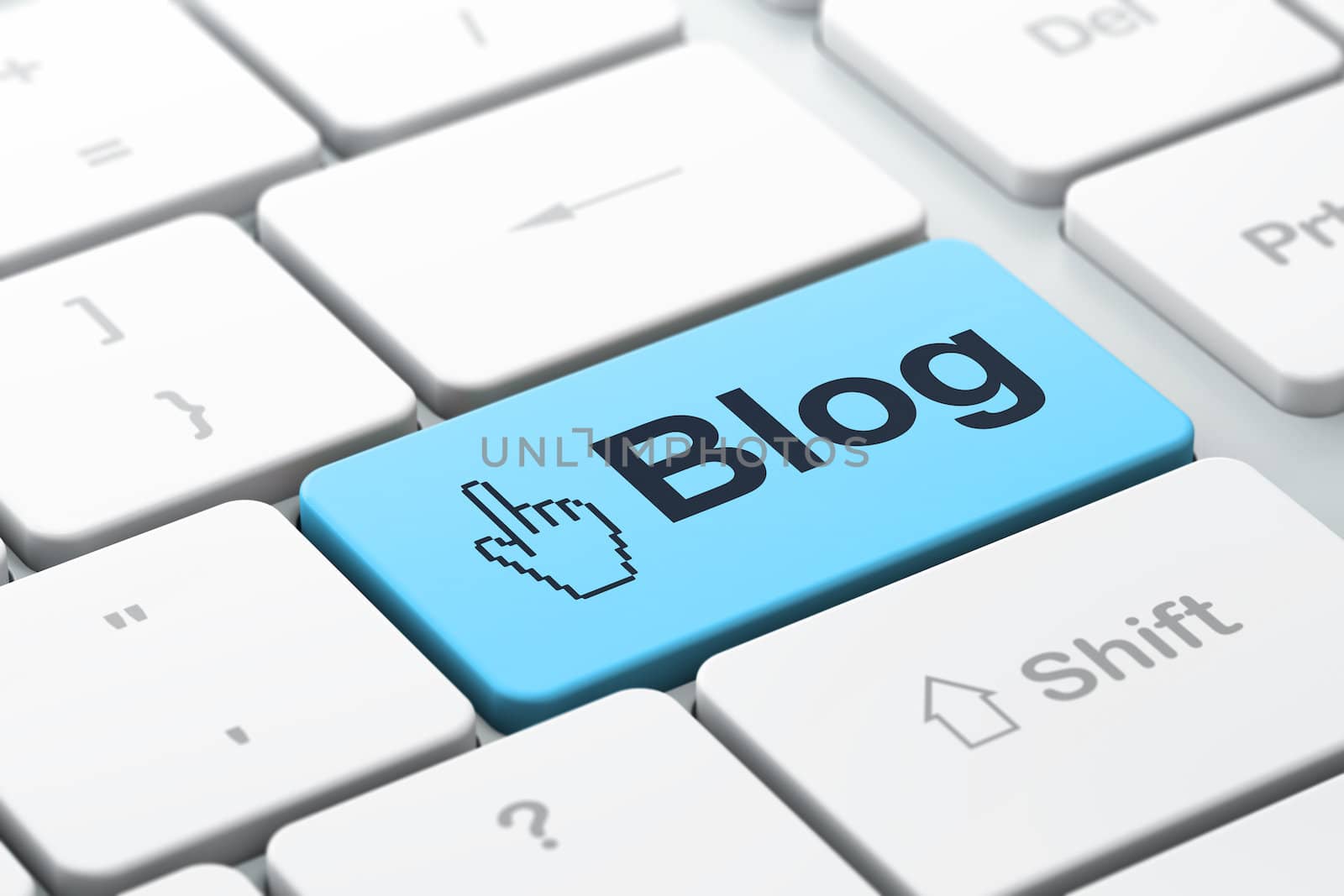 Web development concept: computer keyboard with Mouse Cursor icon and word Blog, selected focus on enter button, 3d render