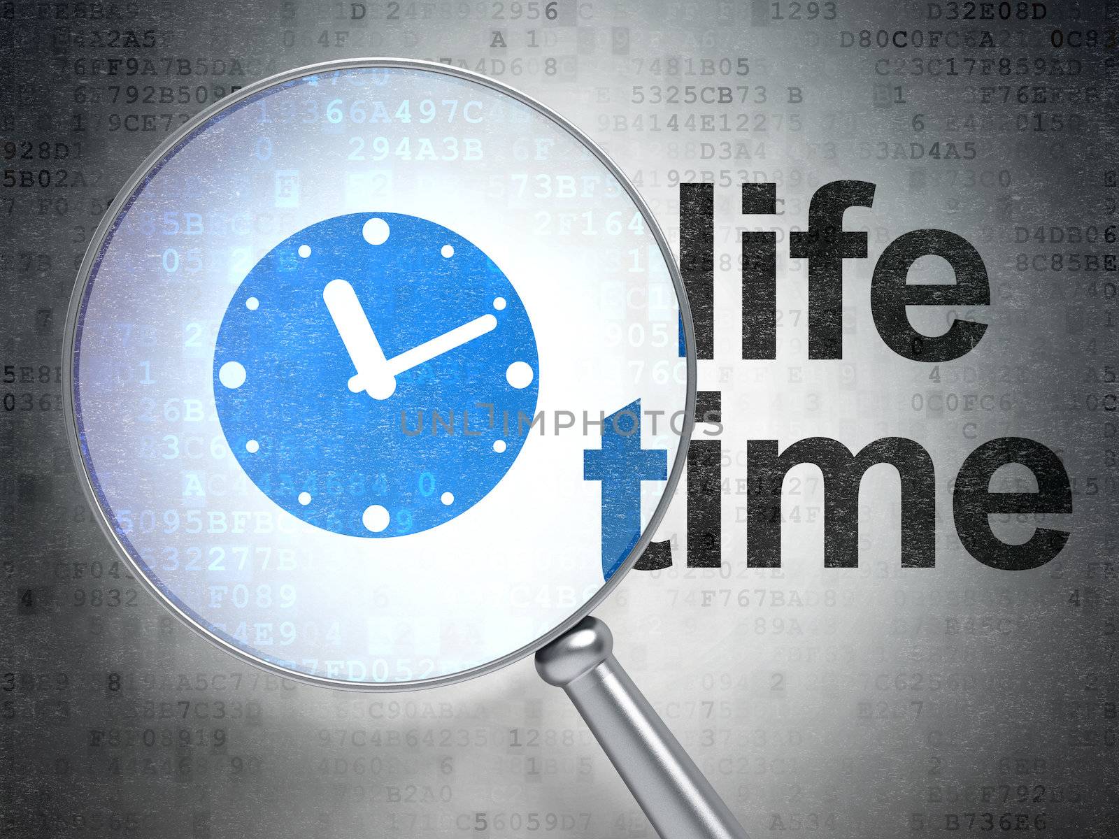Magnifying optical glass with Clock icon and Life Time word on digital background, 3d render