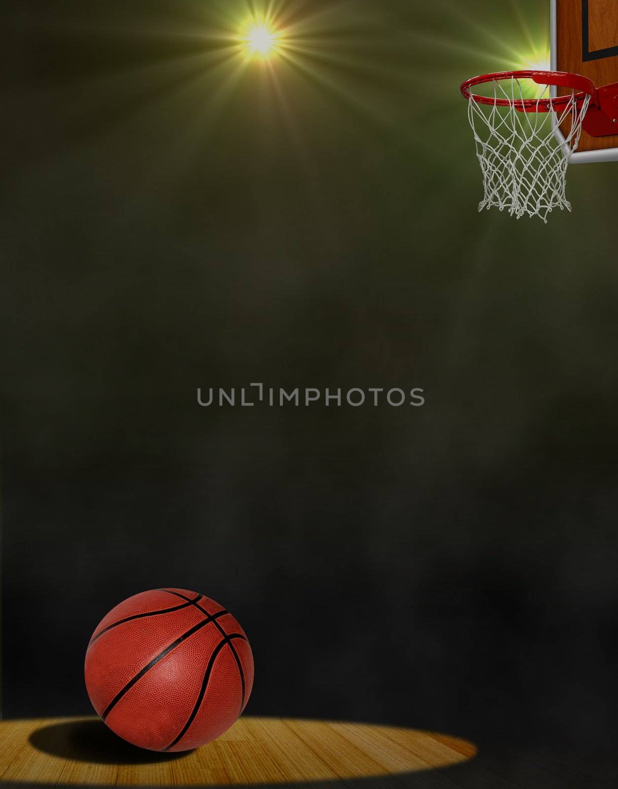 Basketball on the Floor and Hoop under Spotlights