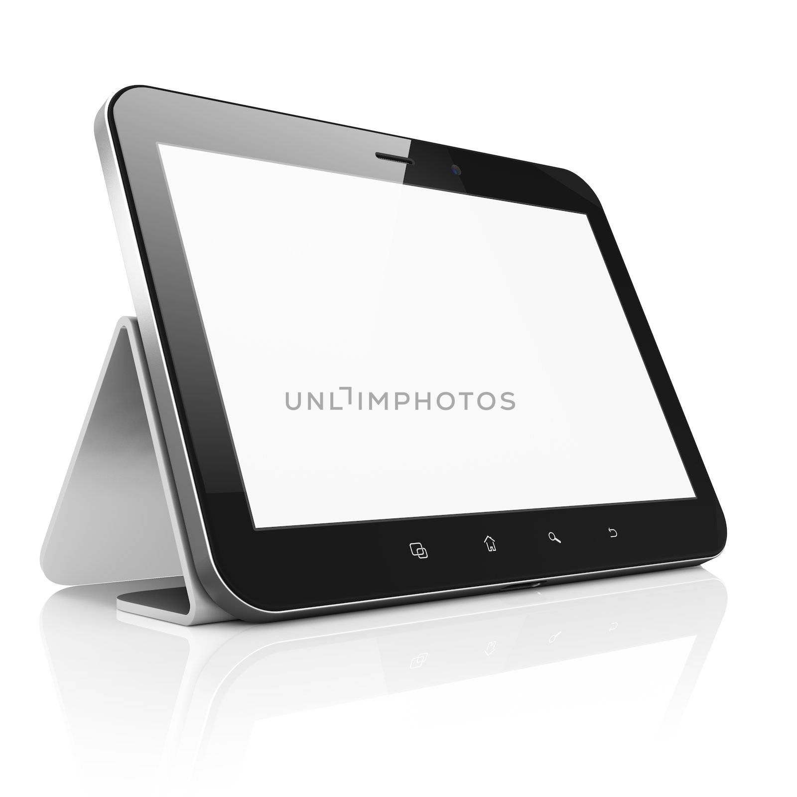 Black abstract tablet computer (tablet pc) with stand on white b by maxkabakov