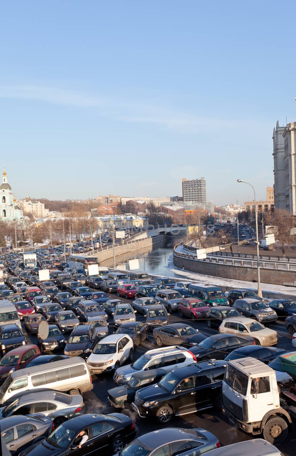 Big transport stopper, 08.02.2012, Moscow, Russia. Road jams arise because of a large number of transport which exceeds the maximum capacity of roads in the city