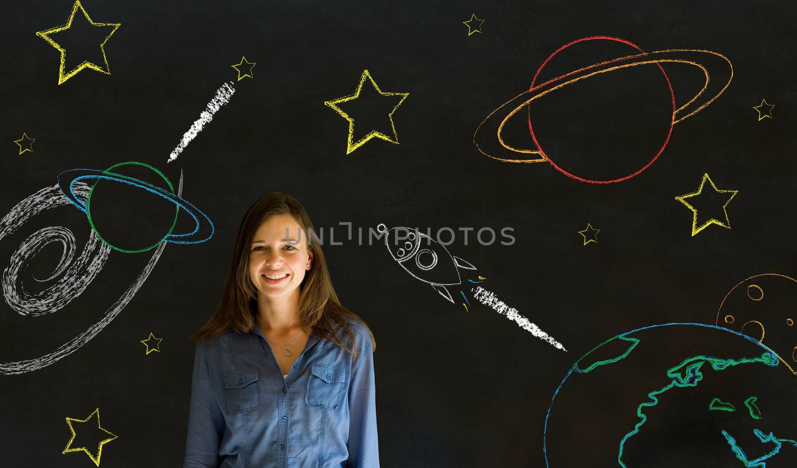 Businesswoman, student or teacher with chalk space travel blackboard background