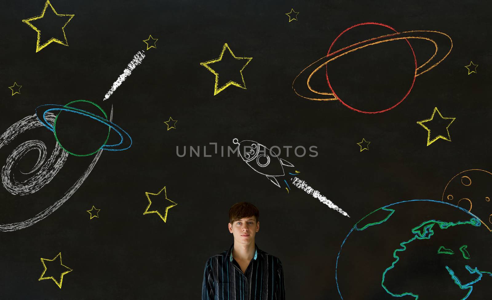 Businessman, student or teacher with chalk space travel blackboard background