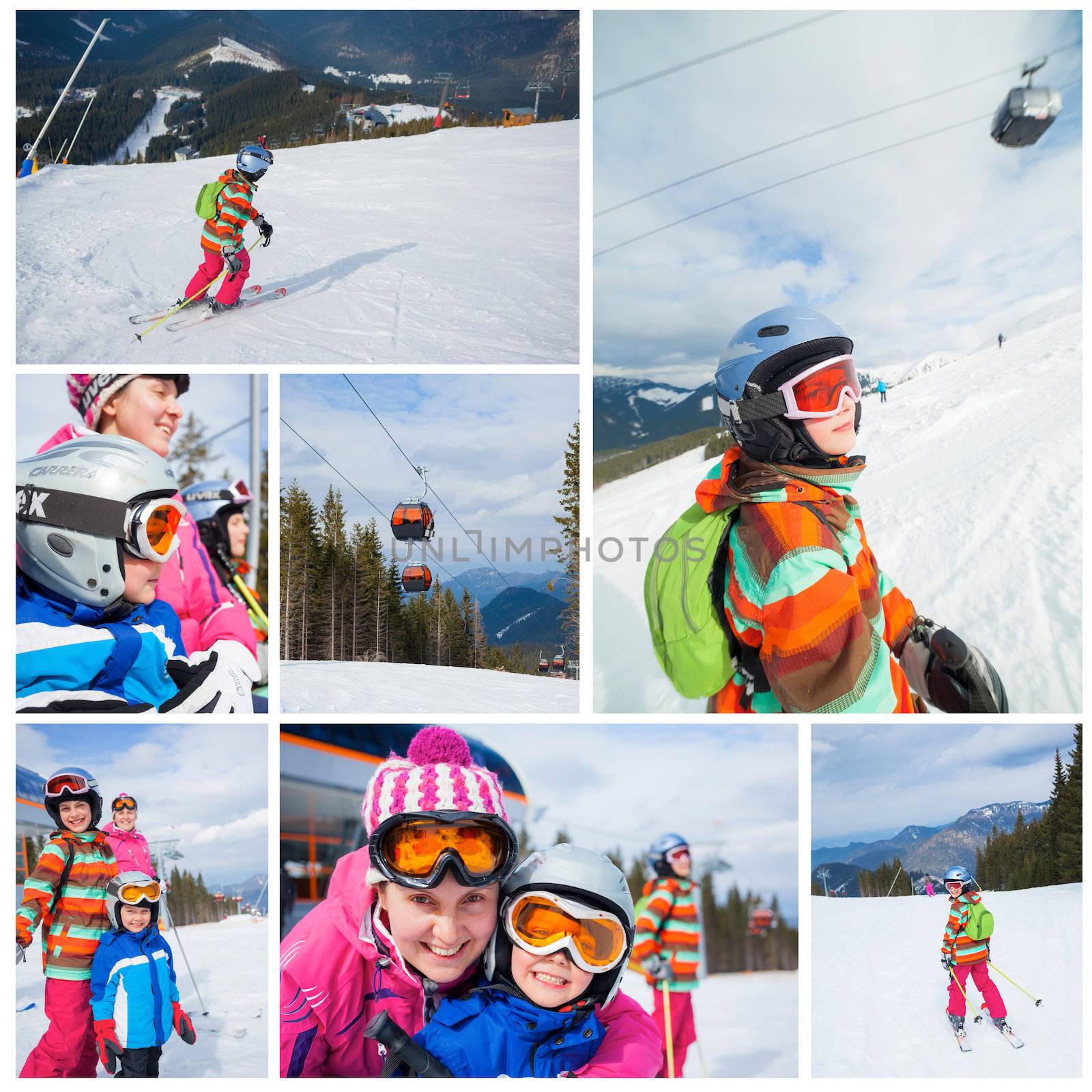 Collage of images two happy smiling kids in ski goggles and a helmet with his mother in the mountains