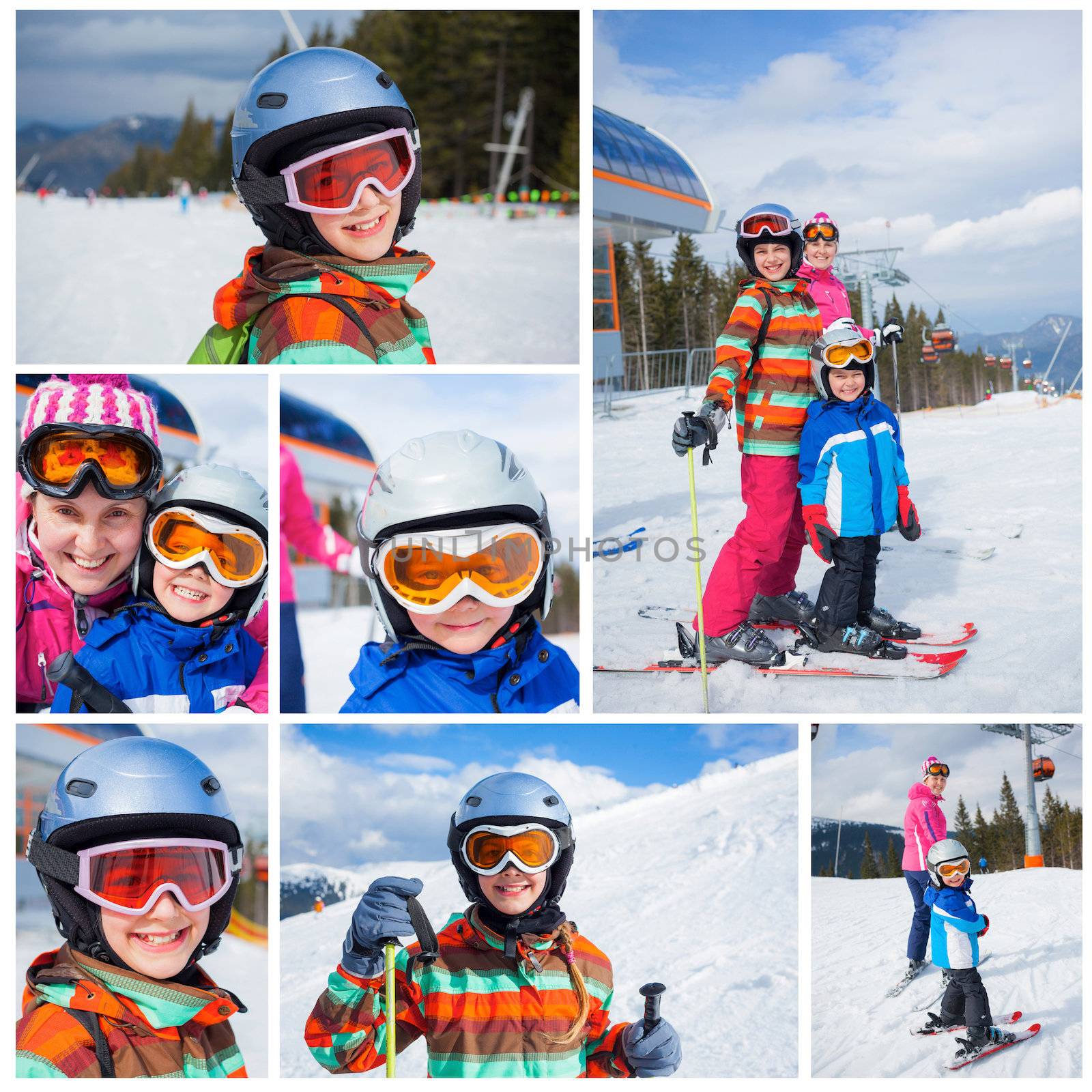 Collage of images two happy smiling kids in ski goggles and a helmet with his mother in the mountains