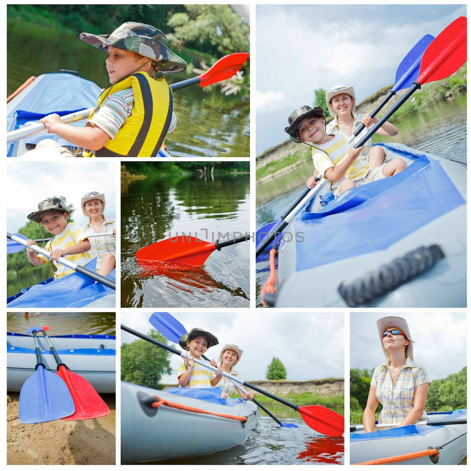 Collage of images happy young boy with mother paddling a kayak on the river, enjoying a lovely summer day