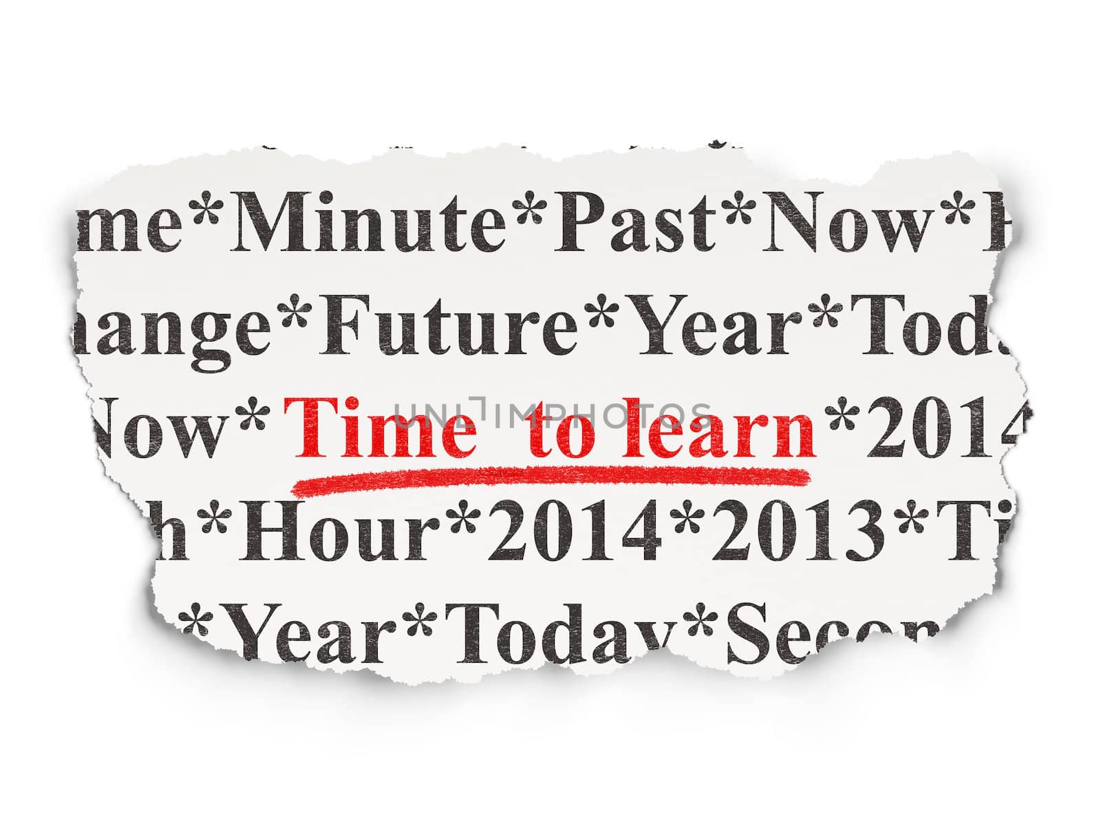 Timeline concept: torn newspaper with words Time to Learn on Paper background, 3d render