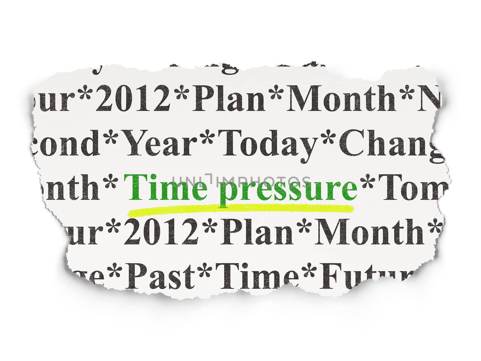 Timeline concept: torn newspaper with words Time Pressure on Paper background, 3d render