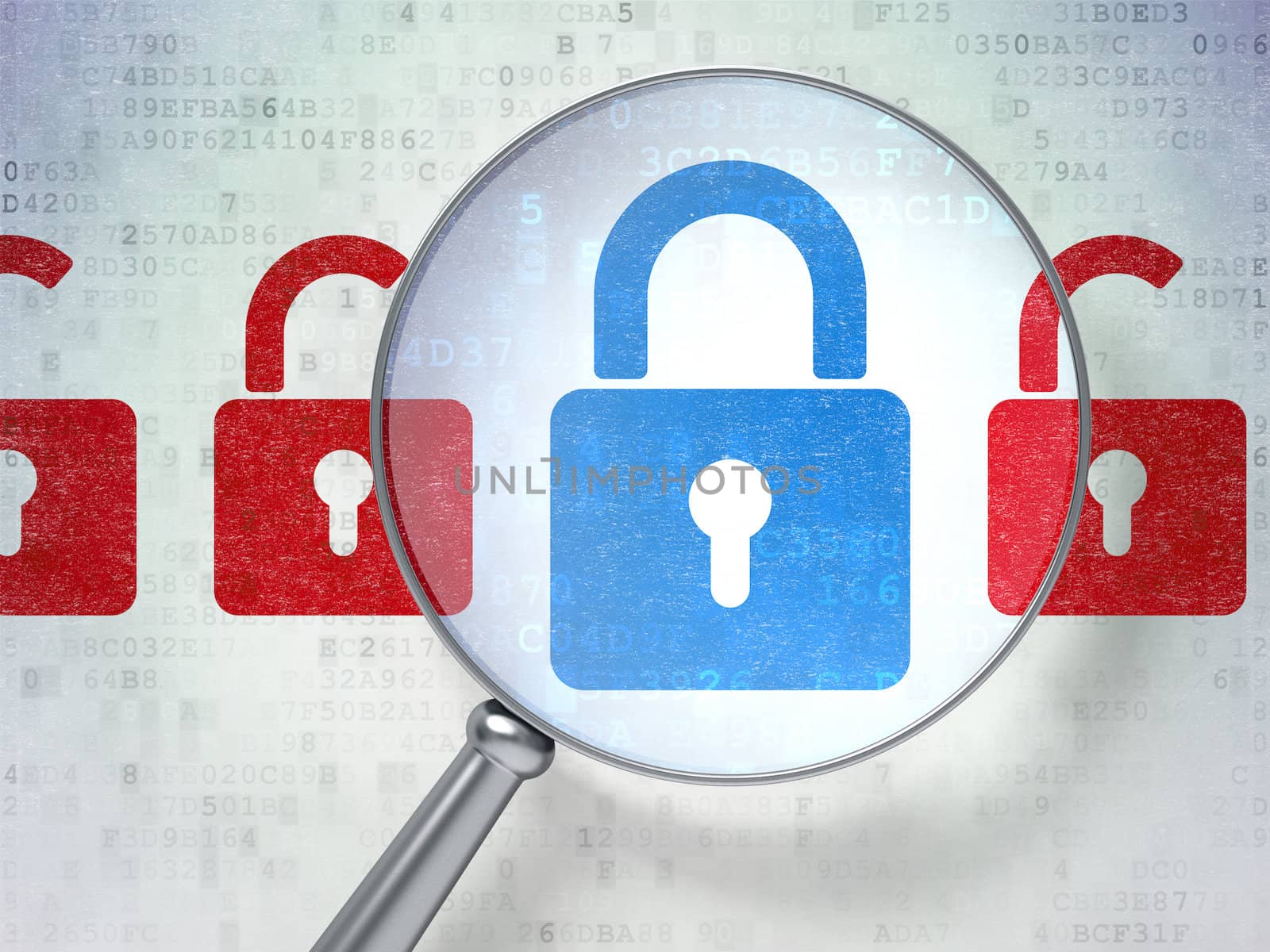 Magnifying optical glass with Locks icons on digital background, 3d render