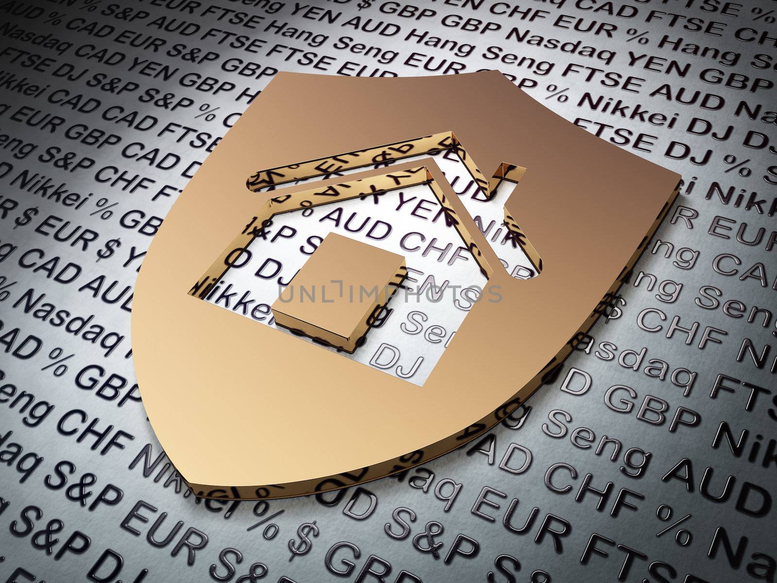 Finance concept: Golden Shield on Money background, 3d render