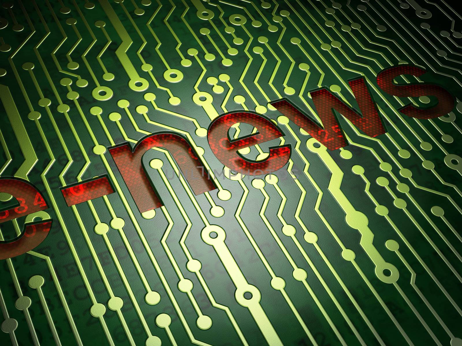 News concept: circuit board with word E-news, 3d render