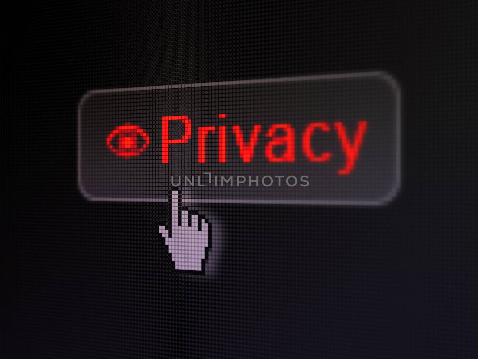 Safety concept: pixelated words Privacy and Eye icon on button whis cursor on digital computer screen background, selected focus 3d render