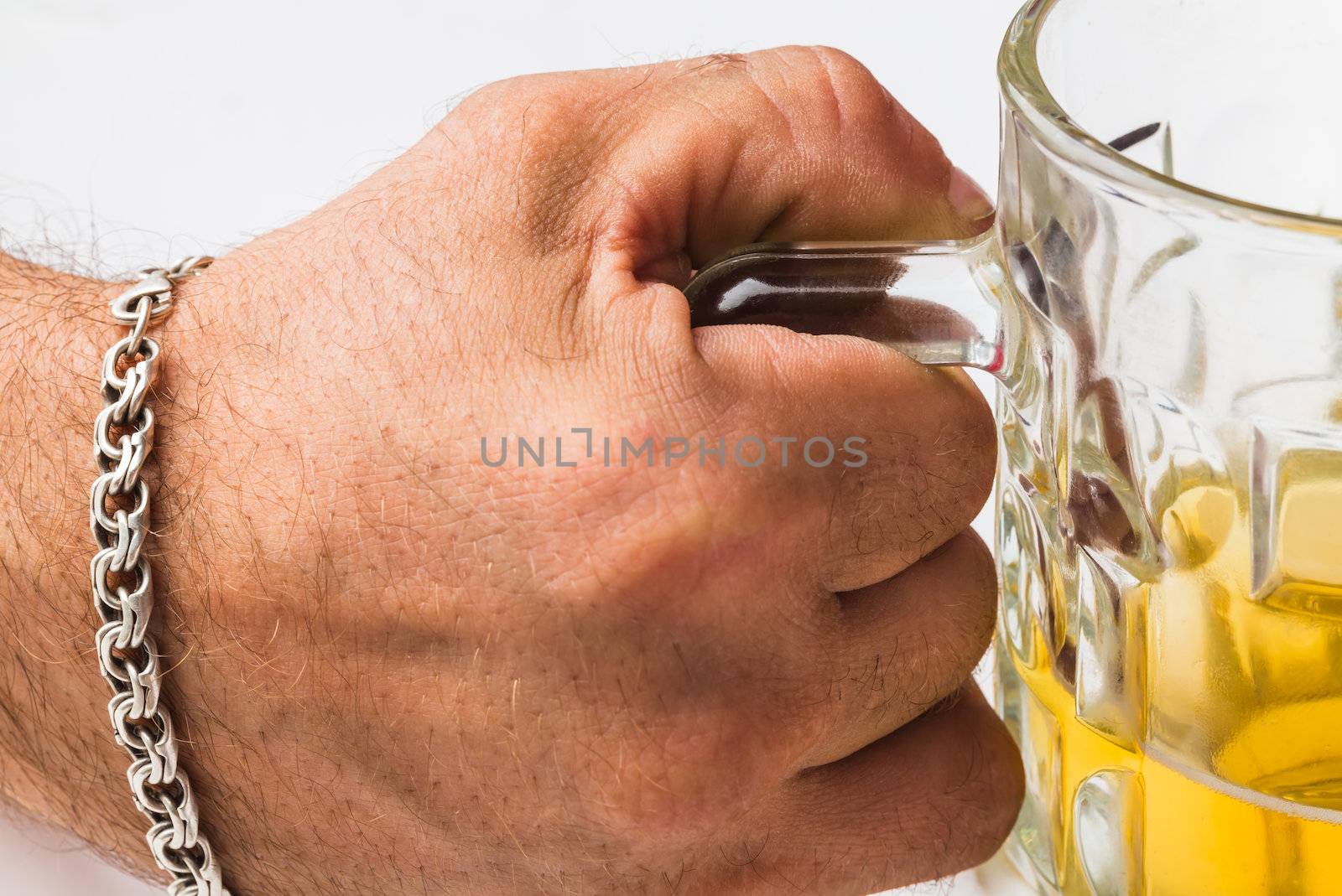 beer with hand making toast on a white background
