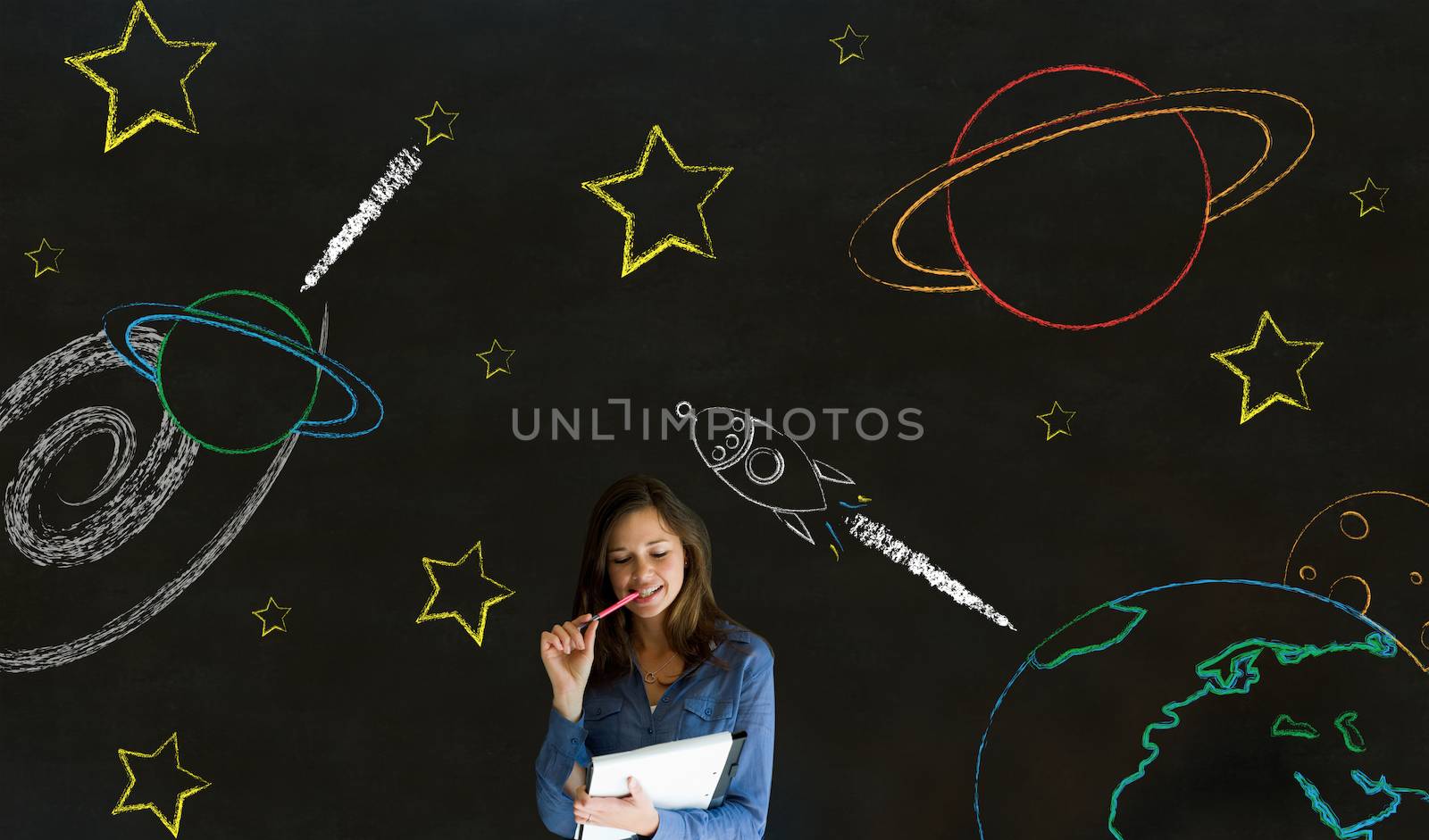 Businesswoman, student or teacher with chalk space travel blackboard background