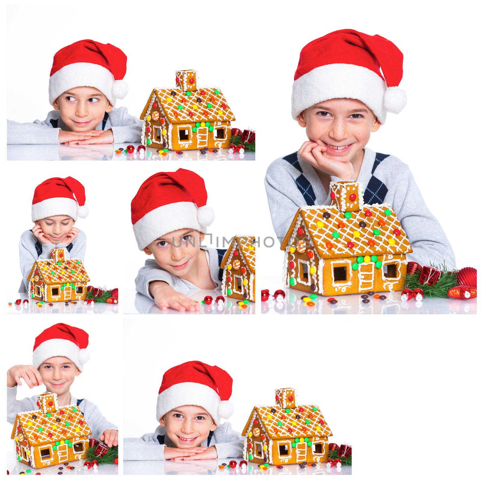 Christmas theme. Collage of images smiling boy in Santa's hat with gingerbread house, isolated on white