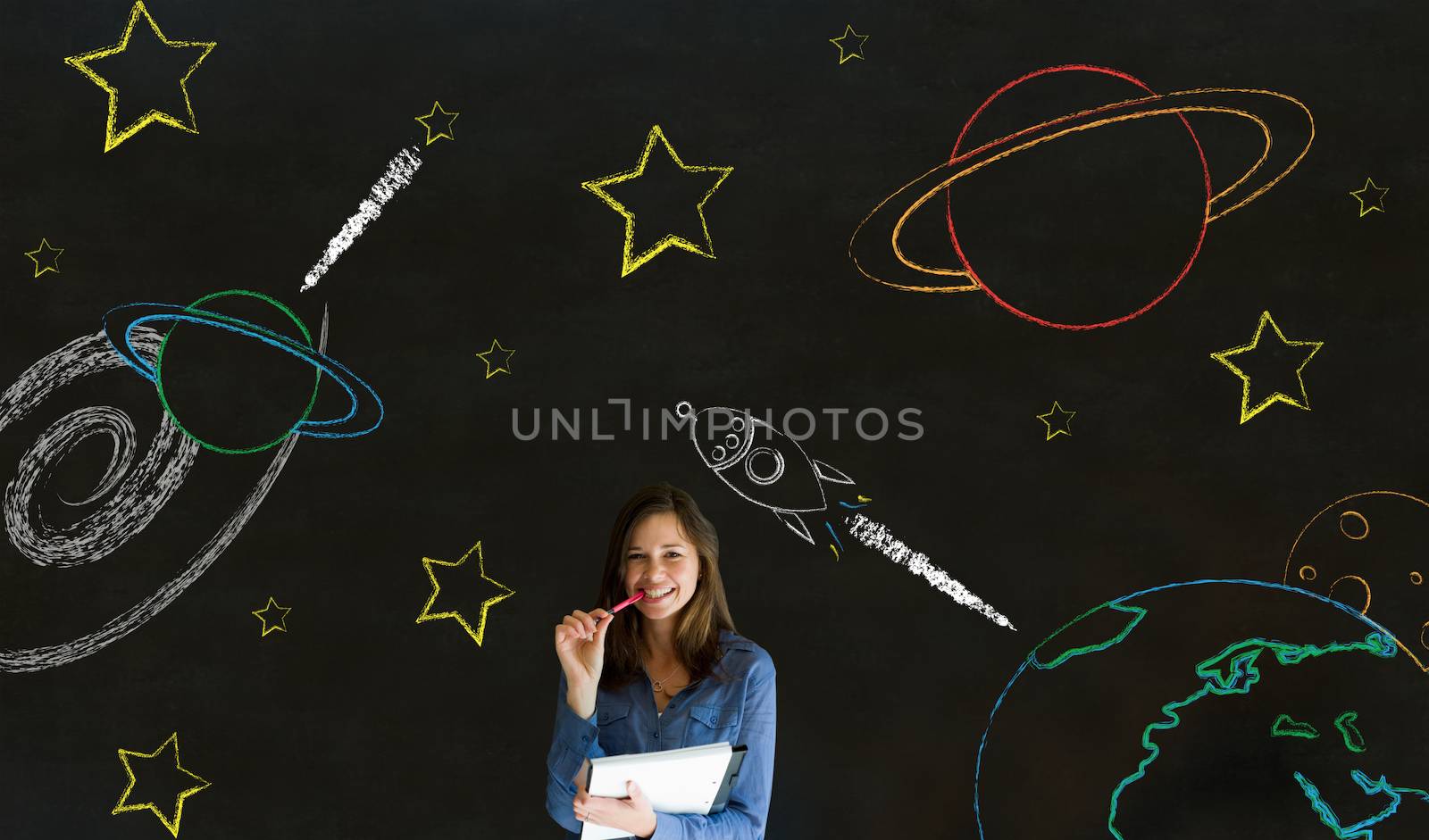Businesswoman, student or teacher with chalk space travel blackboard background