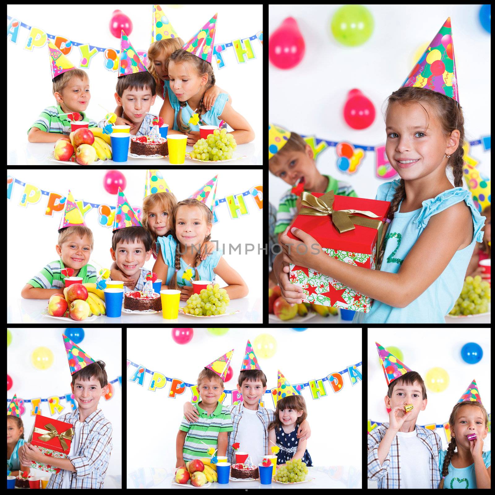 Collage of images group of adorable kids having fun at birthday party with birthday cake