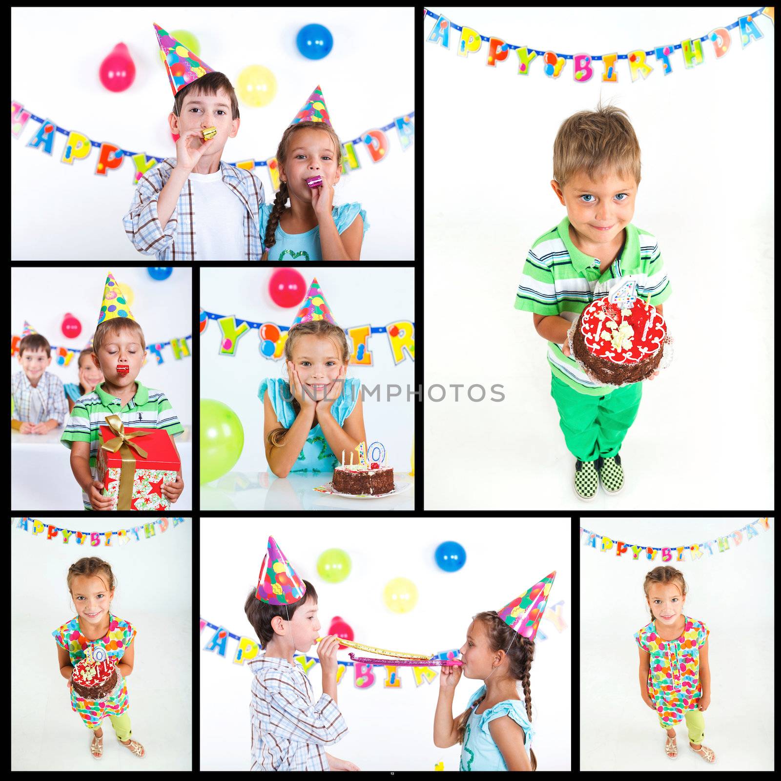 Collage of images group of adorable kids having fun at birthday party with birthday cake