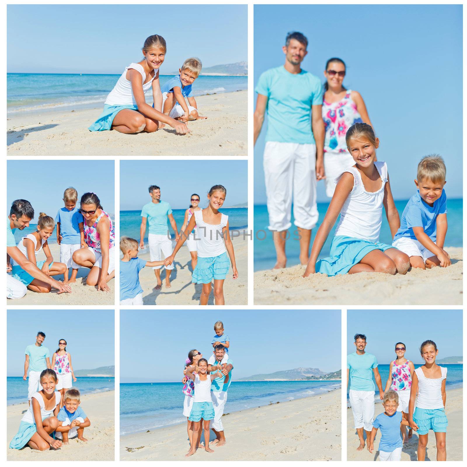 Collage of images family of four having fun on tropical beach