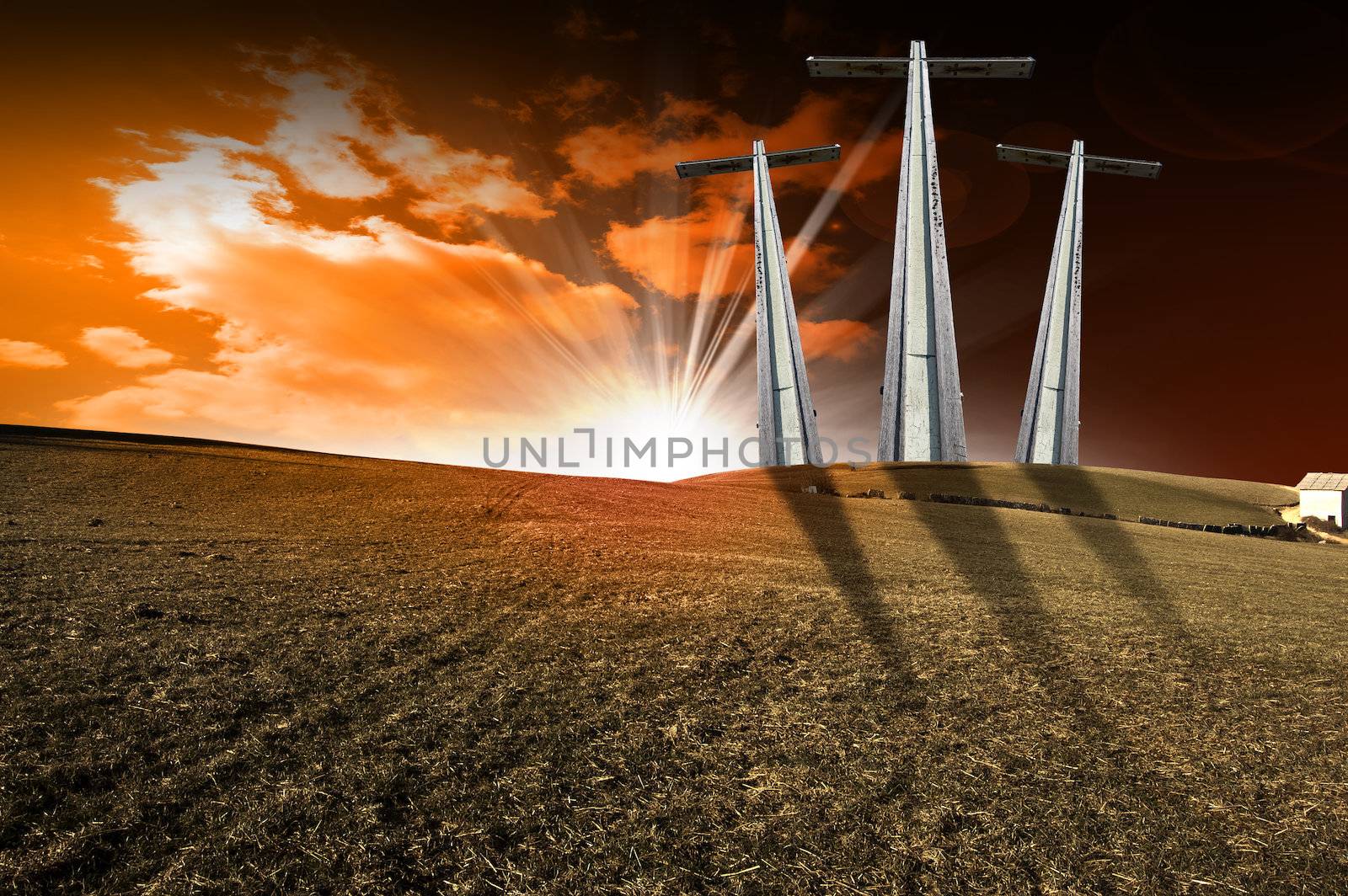 Hill with three crosses at sunset symbol of Christ's Calvary