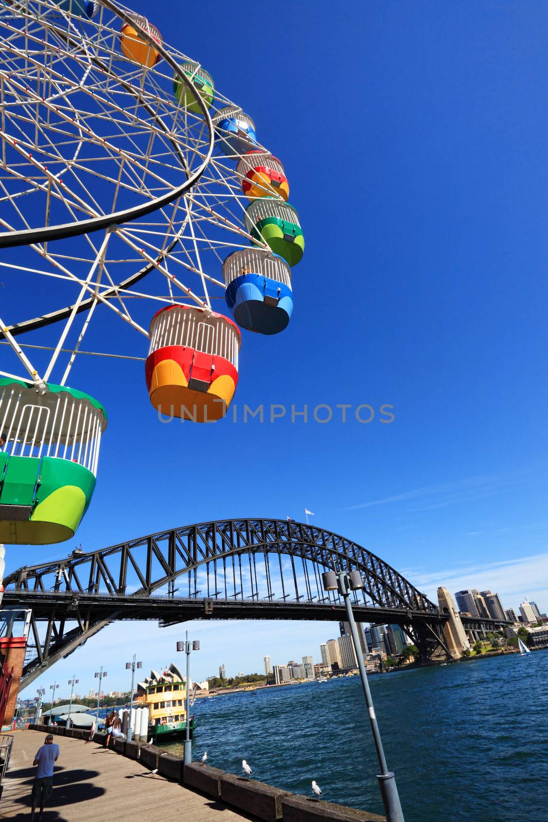 Sydney, Australia, October 6, 2013: Brightly coloured carnival ferris wheel and the iconic Sydney Harbour Bridge and the city of Sydney on a beautiful spring day.