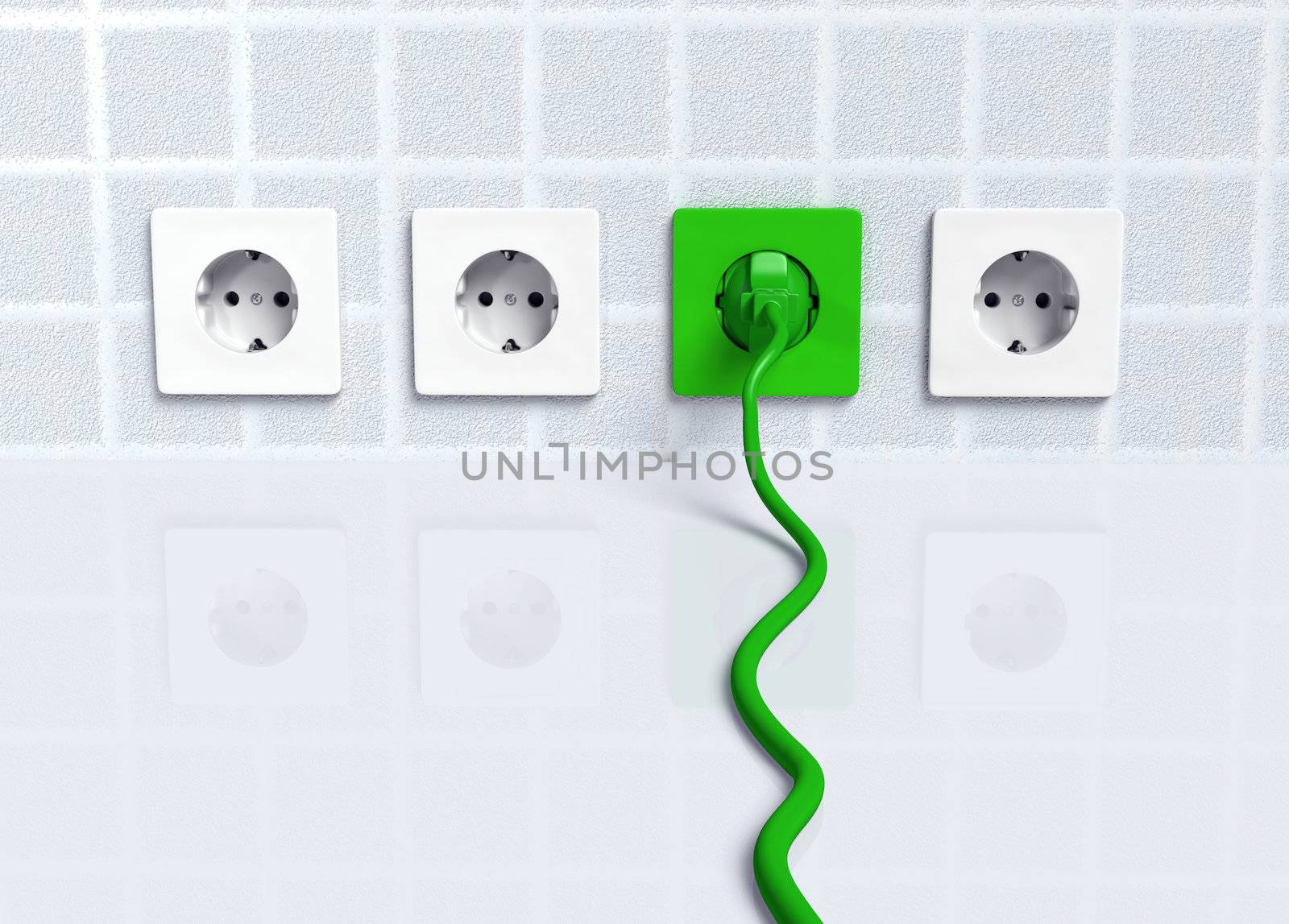 ecological green plug is connected to a green socket placed on the wall instead of the white ones