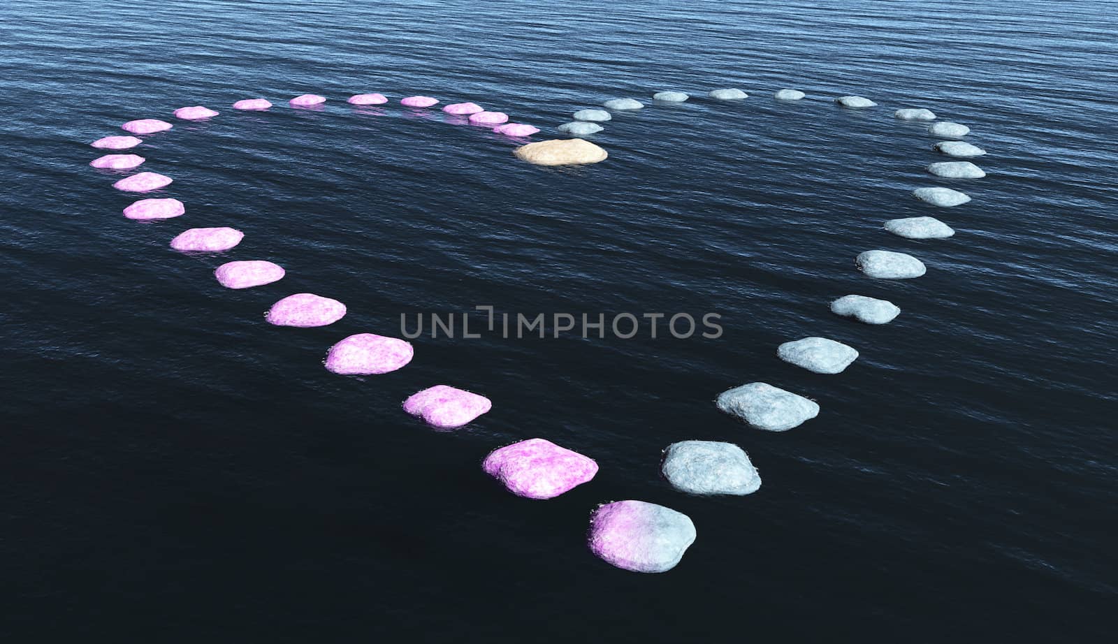 a path in the shape of heart made of stones above the surface of deep water, in a sunny day.