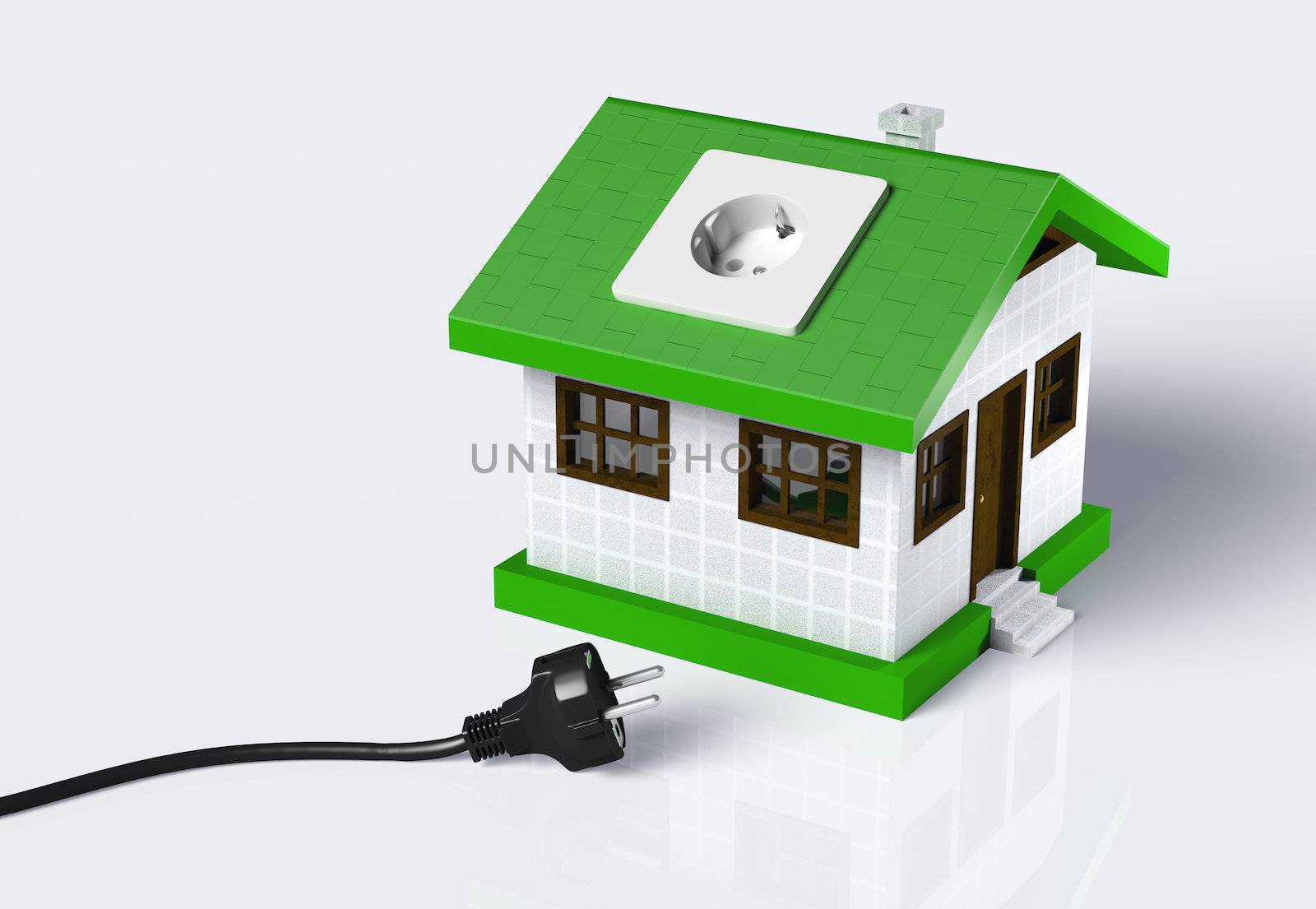 a small house with a socket on the roof is disconnected from a black cabled plug that lies on the ground. On a white background