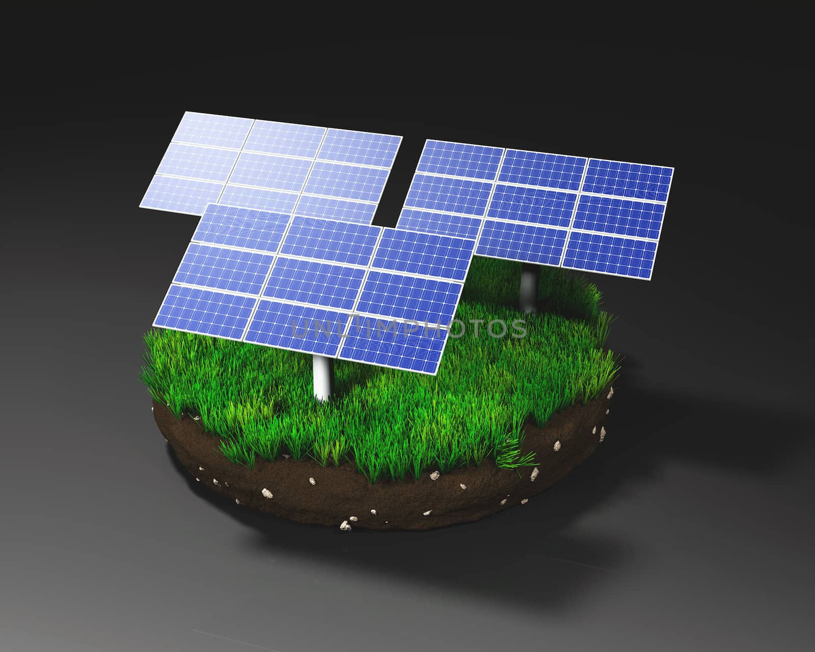 three solar panels on a grassy round clod of earth isolated on a dark background.