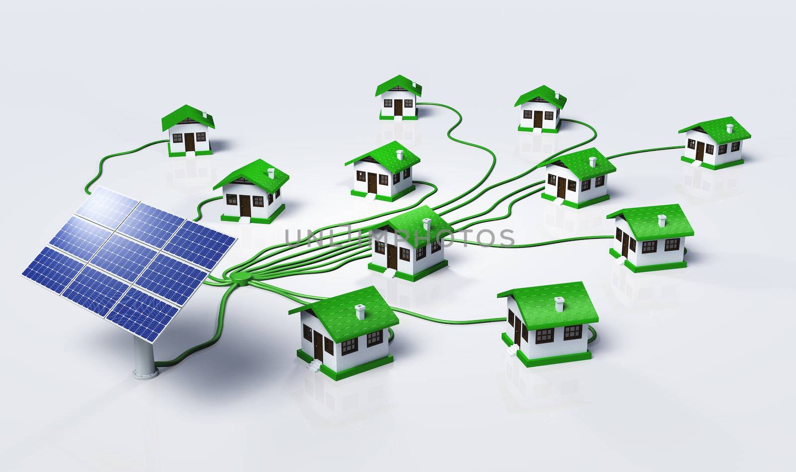 Some solar panels are supplying small homes by connecting them with green cables, on a white background