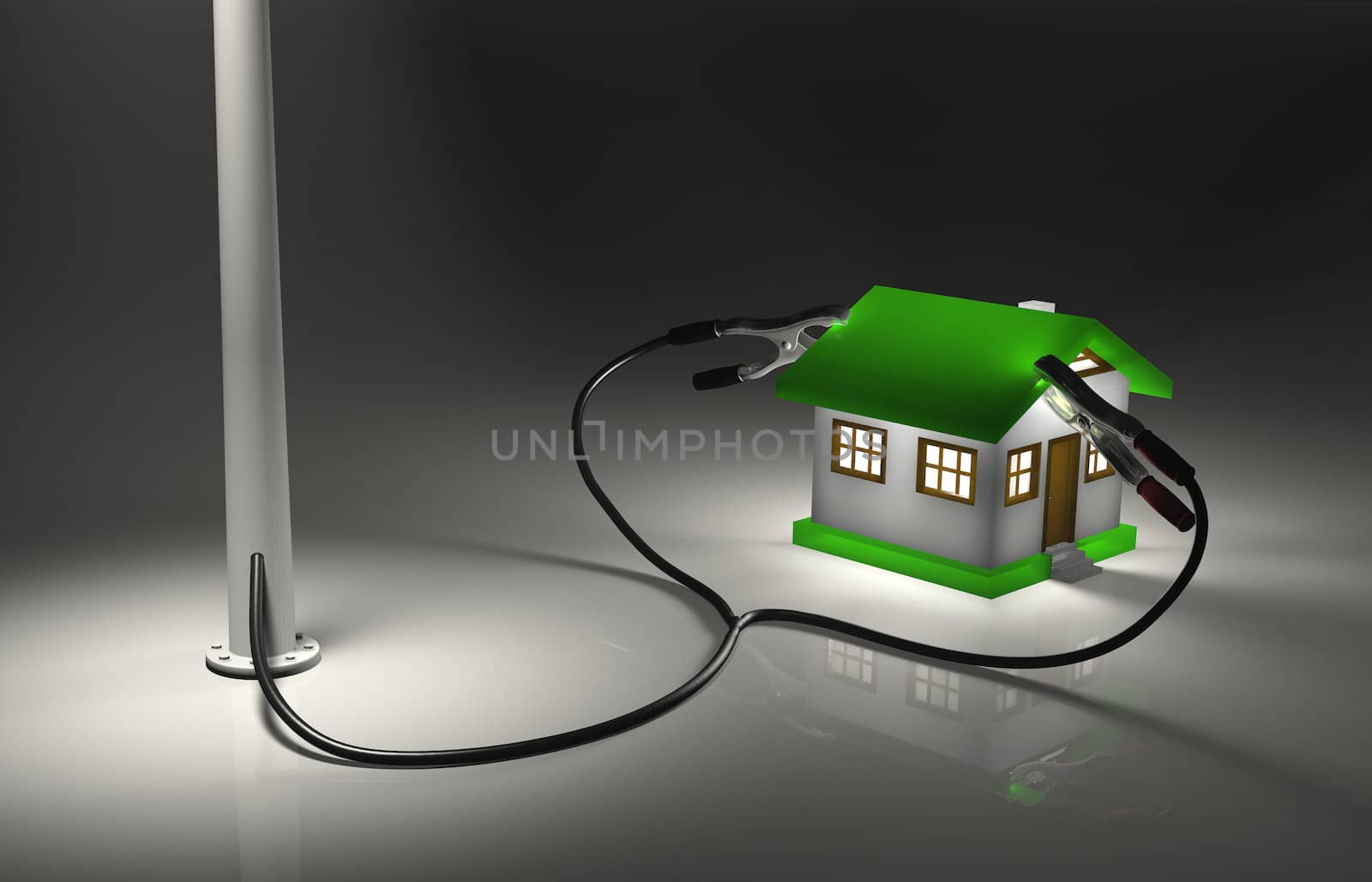 a small house with two terminals connected on the roof is stealing energy from a lamppost through a cable. On a dark background