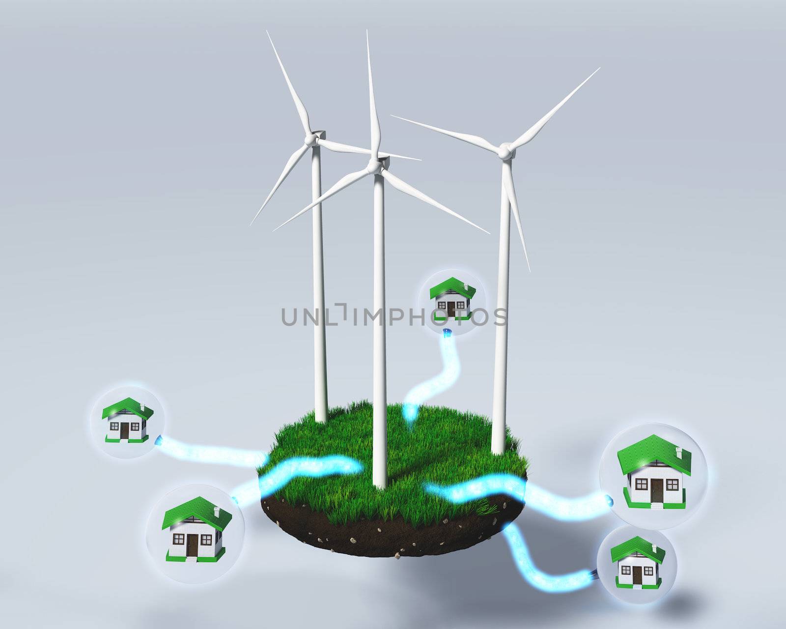 three wind generators on a grassy rounded clod of earth are supplying homes inside of the spheres, with some energy beams