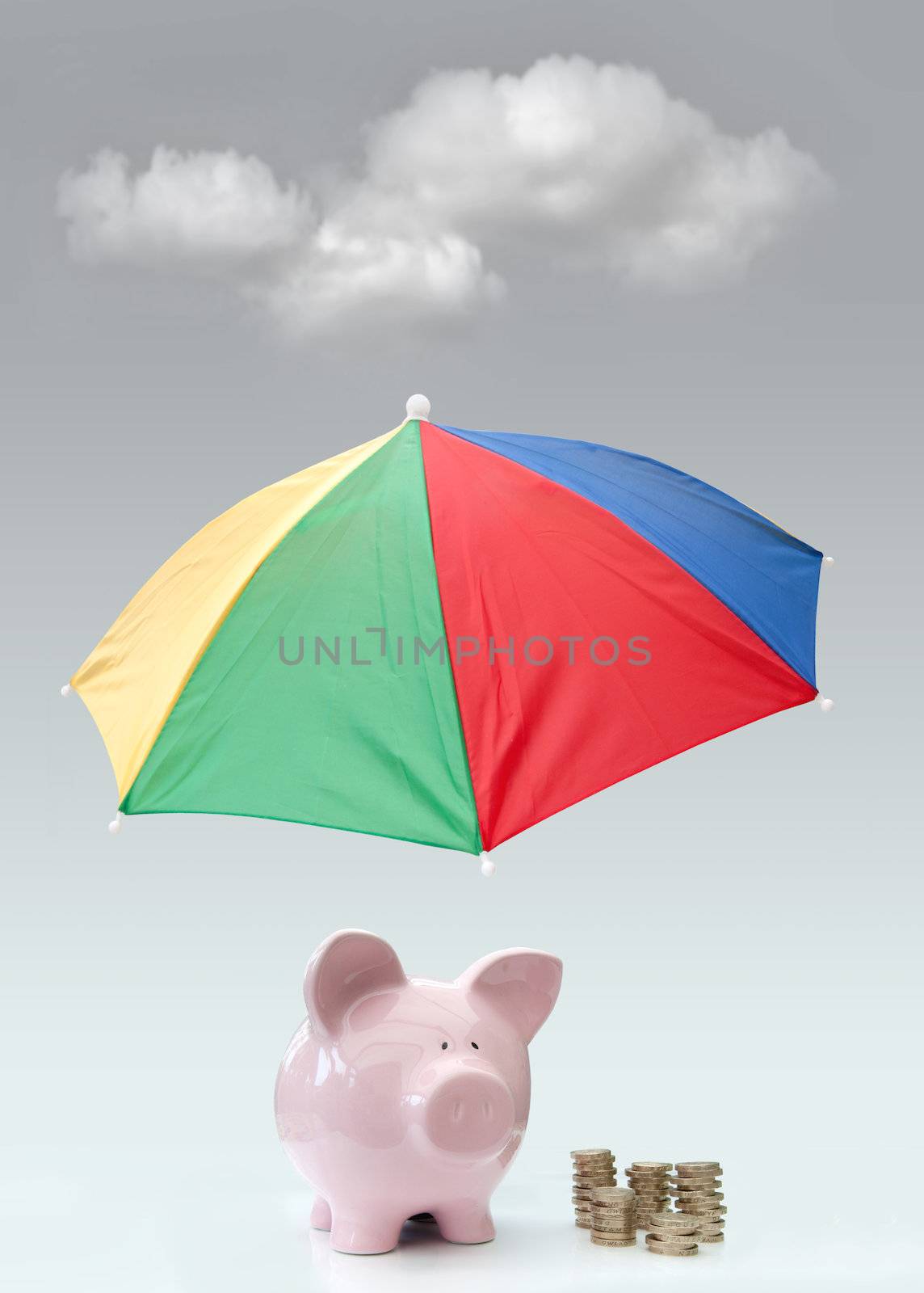 Umbrella shielding a piggybank and money from a hovering cloud