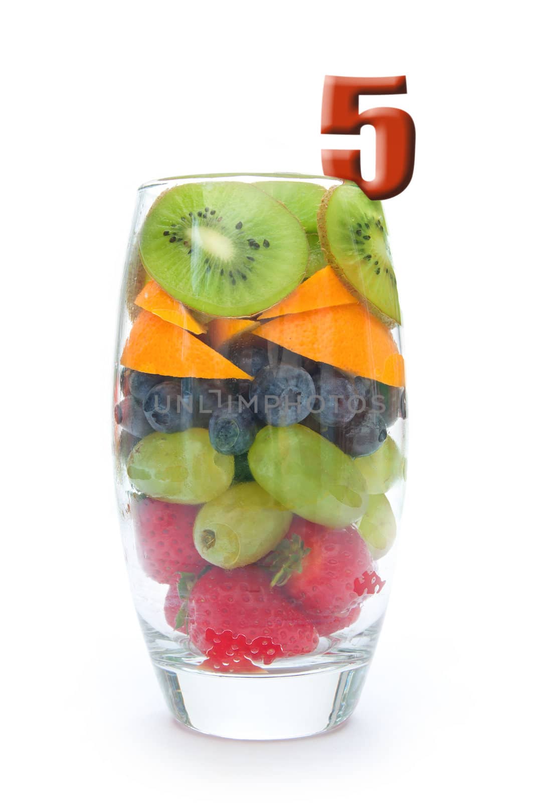 Five fruits packed into a glass including kiwi, berries and orange 