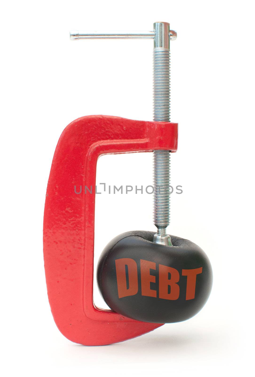 Clamp tool squeezing a ball labeled with debt 