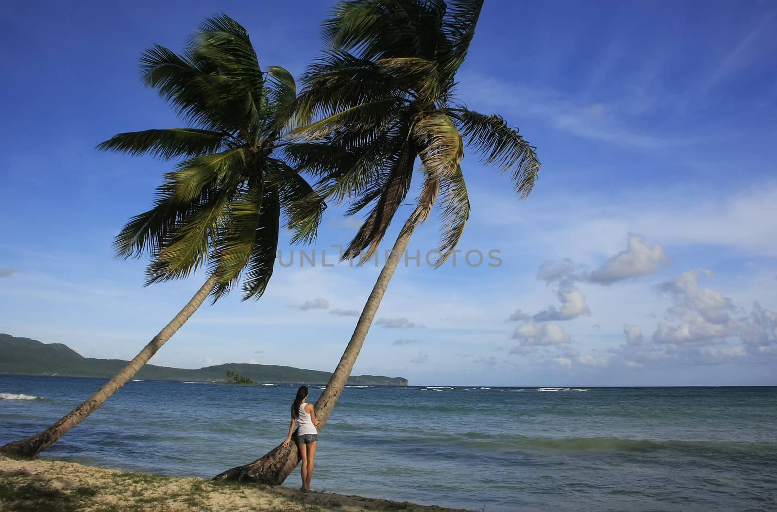 Young woman standing by palm tree, Las Galeras beach, Samana peninsula, Dominican Republic