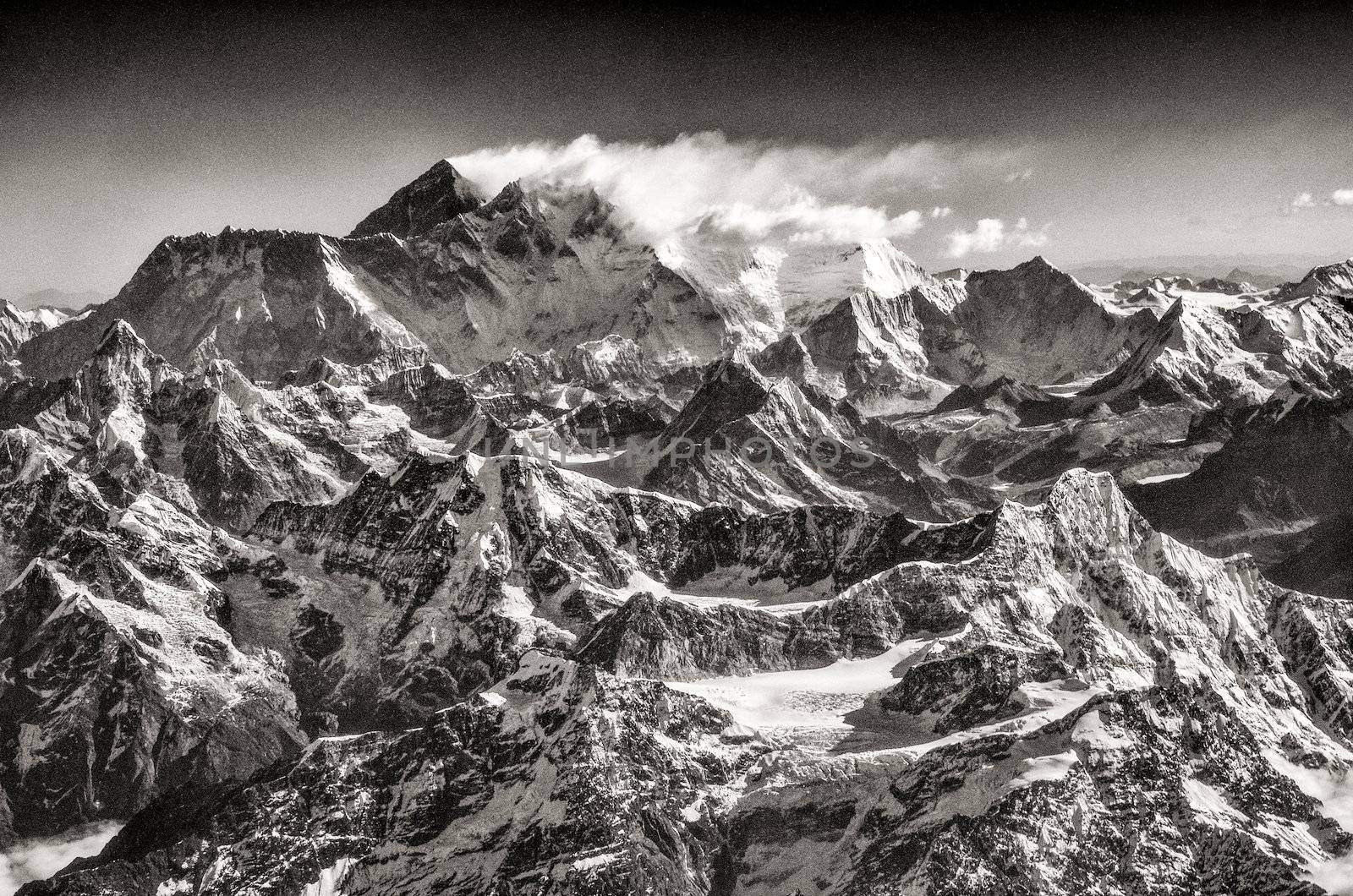 Vintage monochrome view of Mt Everest, Himalayas by martinm303