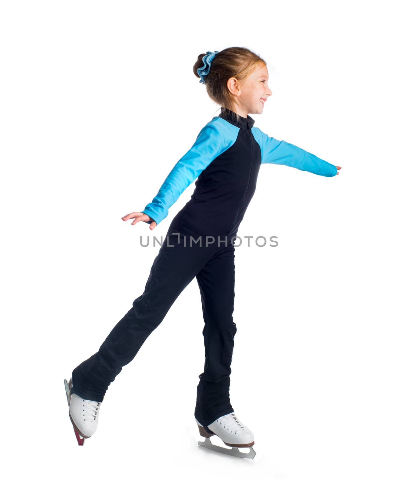 Little girl on skates isolated on a white background