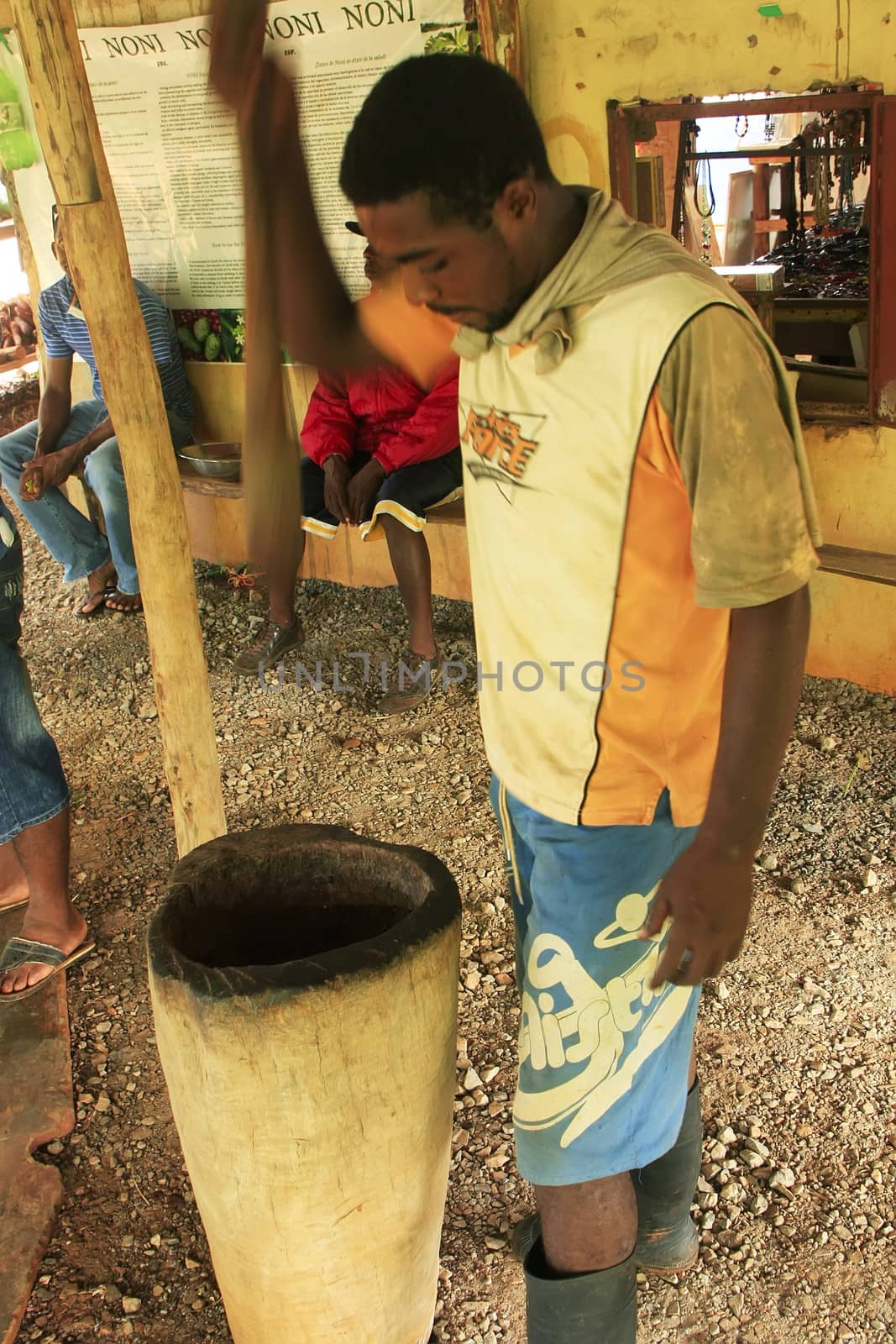Local man processing cocoa beans in small village factory, Samana peninsula, Dominican Republic