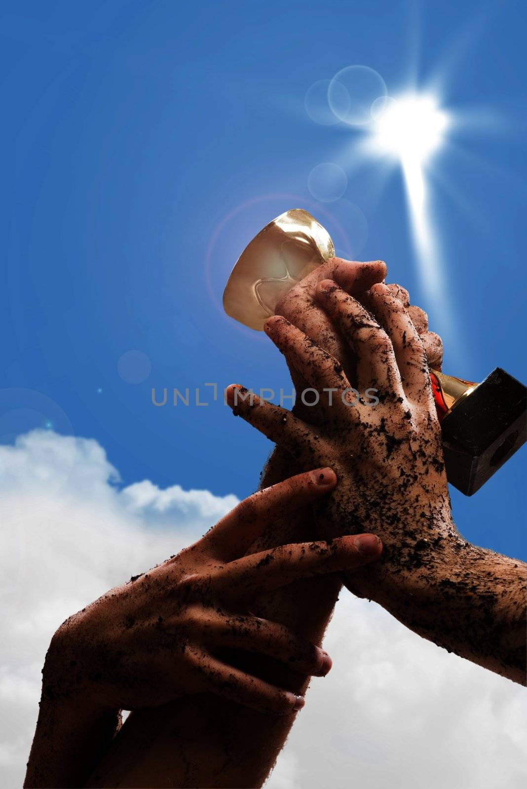 hand holding a cup of the winner, the other hand are drawn to him