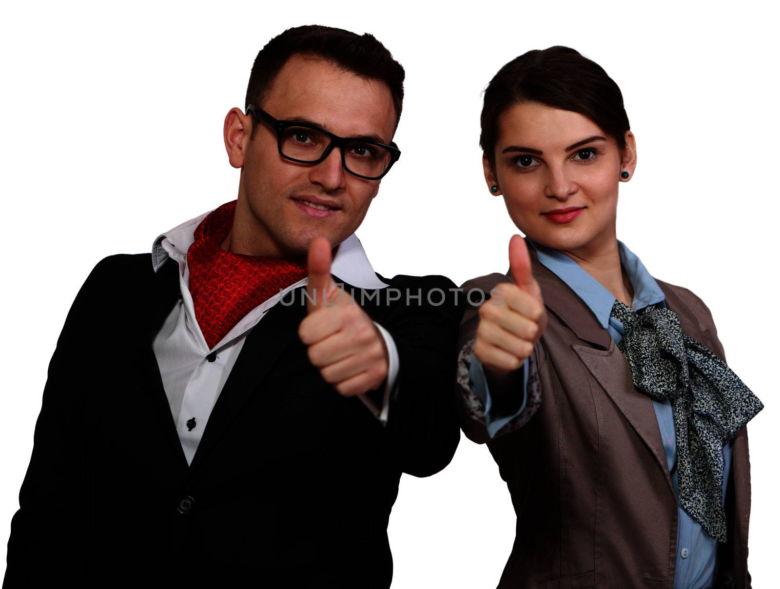 Successful casual couple with thumbs up isolated against a white background.