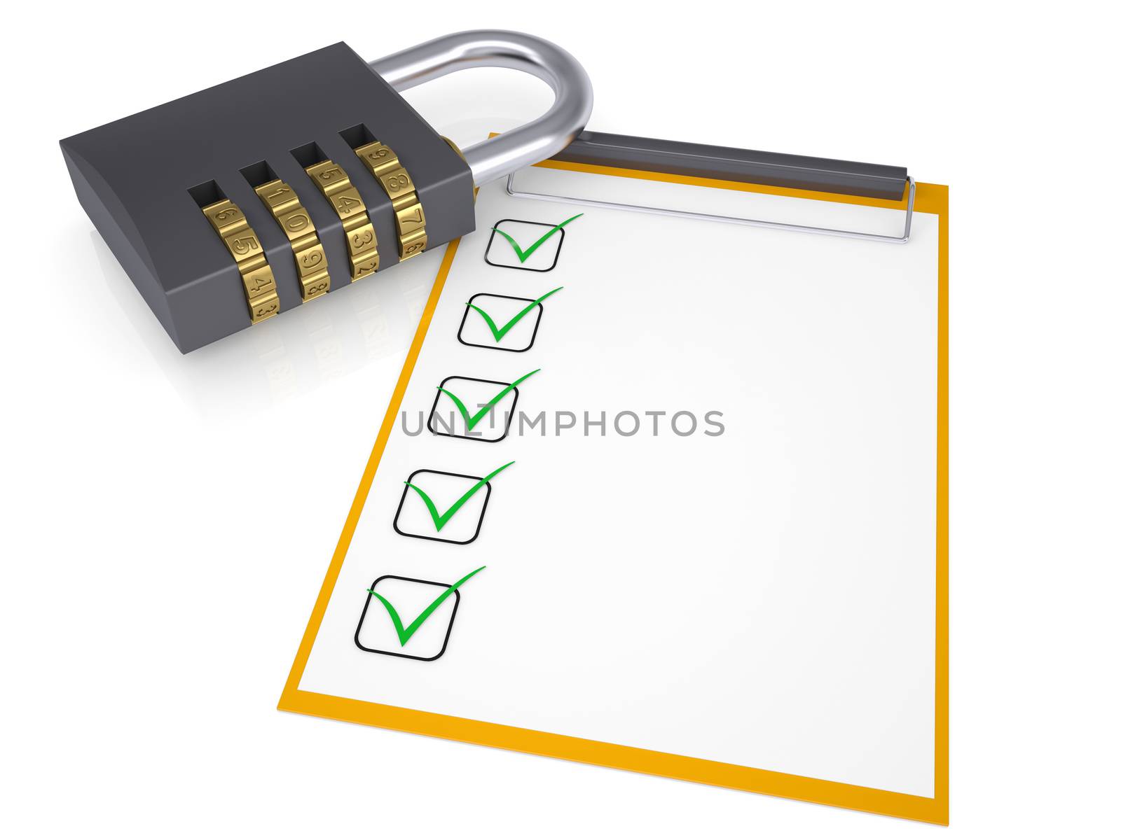 Combination lock and checklist. Isolated render on a white background