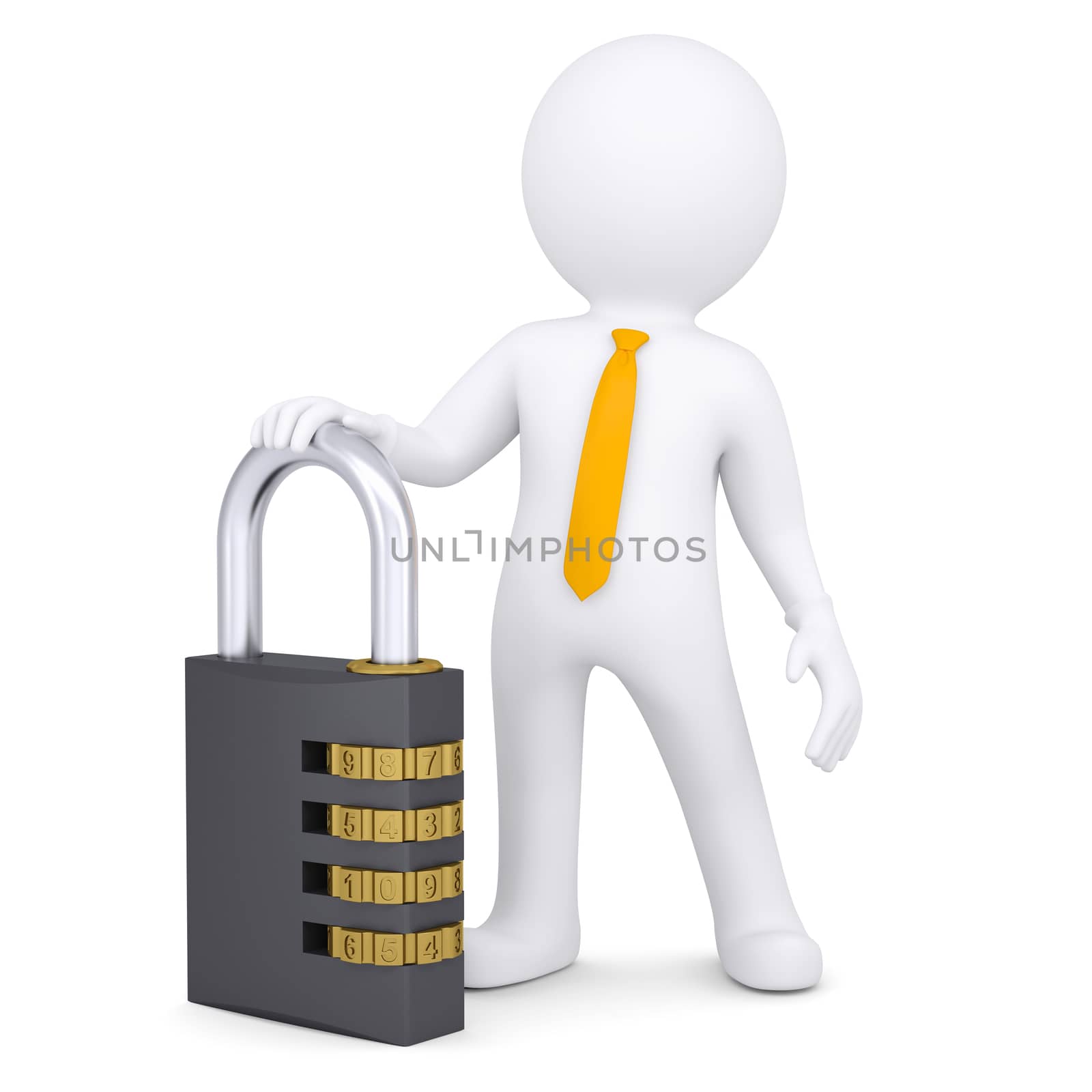 3d white man with the combination lock. Isolated render on a white background